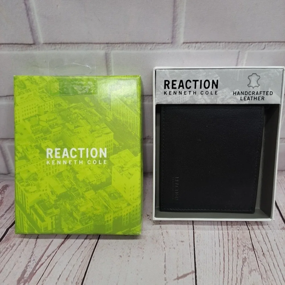 Reaction Kenneth Cole Men's Handcrafted Black Leather Wallet Multi Slots NIB